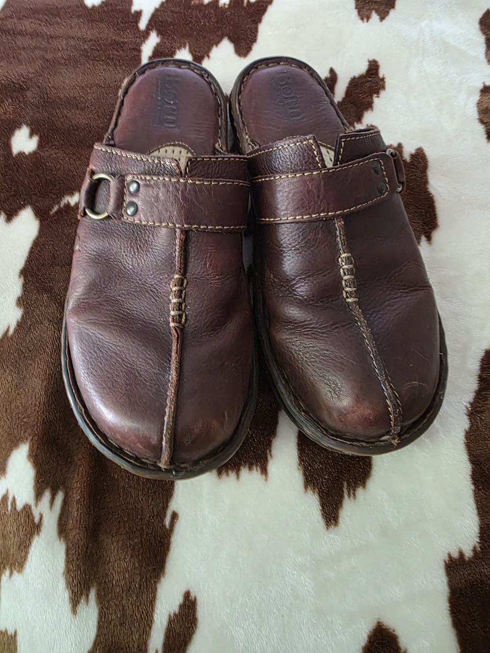 Born Brown Leather Slip-On Mules with Buckle Strap